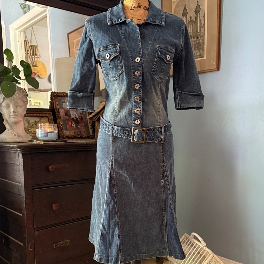 Hot Kiss Y2K Denim Shirt Dress Belted Button Front Blue Medium - Picture 6 of 16